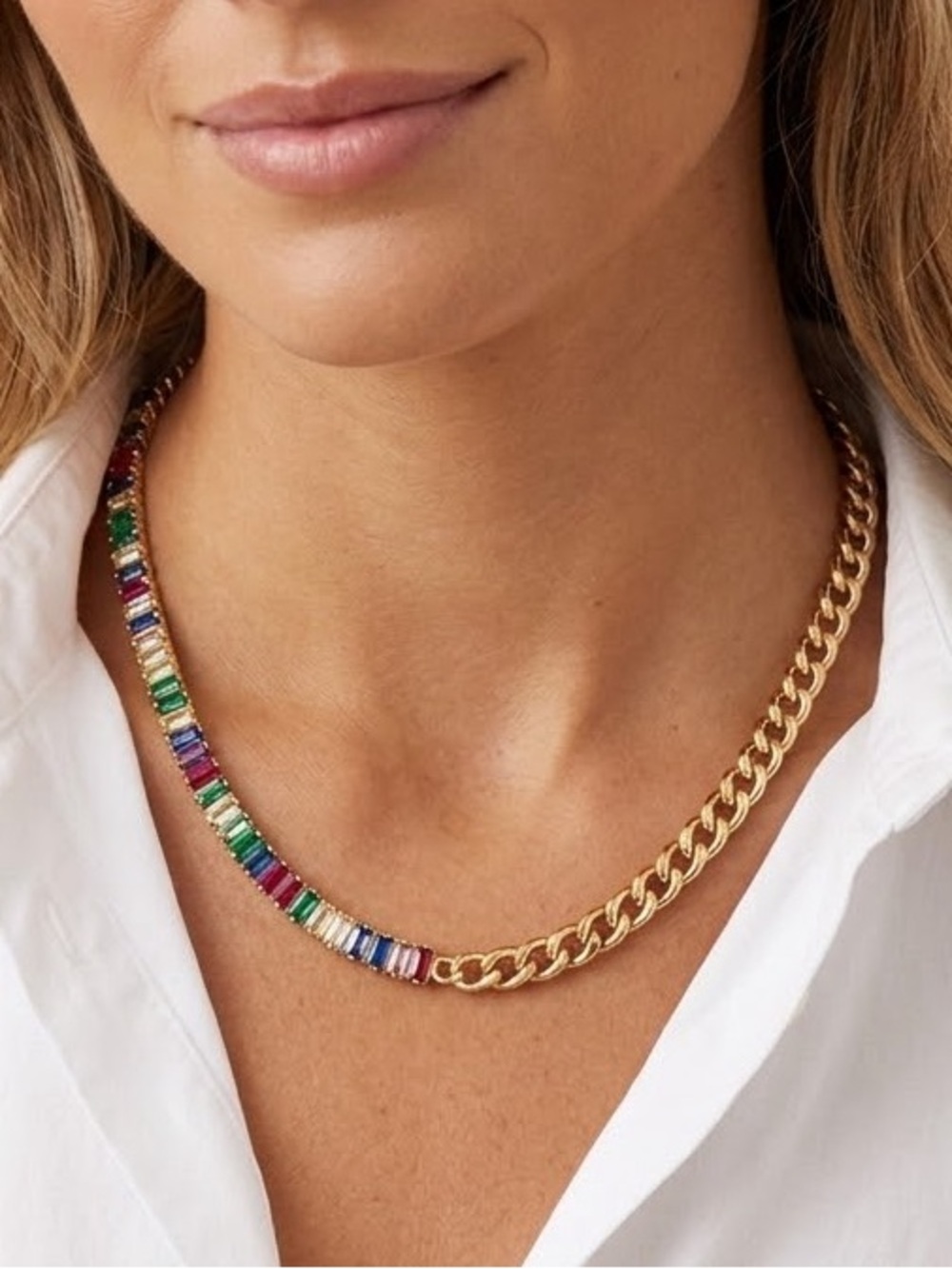 18K Gold Plated Cuban Chain Necklace Multicolor stainless steel Womens Jewelry